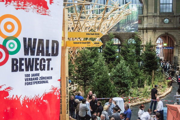 Ein grosses Plakat macht auf die Veranstaltung "Wald bewegt" aufmerksam